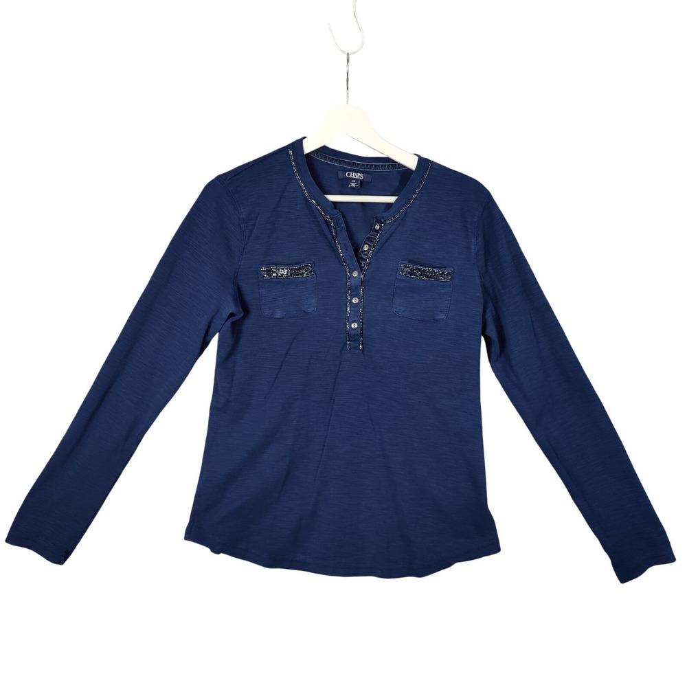 Chaps Womens Preppy Nautical‎ Coastal Henley Top L Blue Sequin Trim Long Sleeve